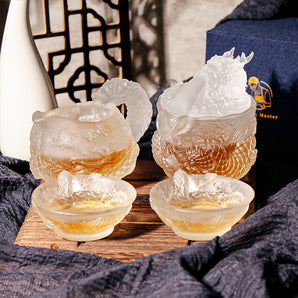 Carved Crystal Glassware Dragon Gaiwan Kettle set